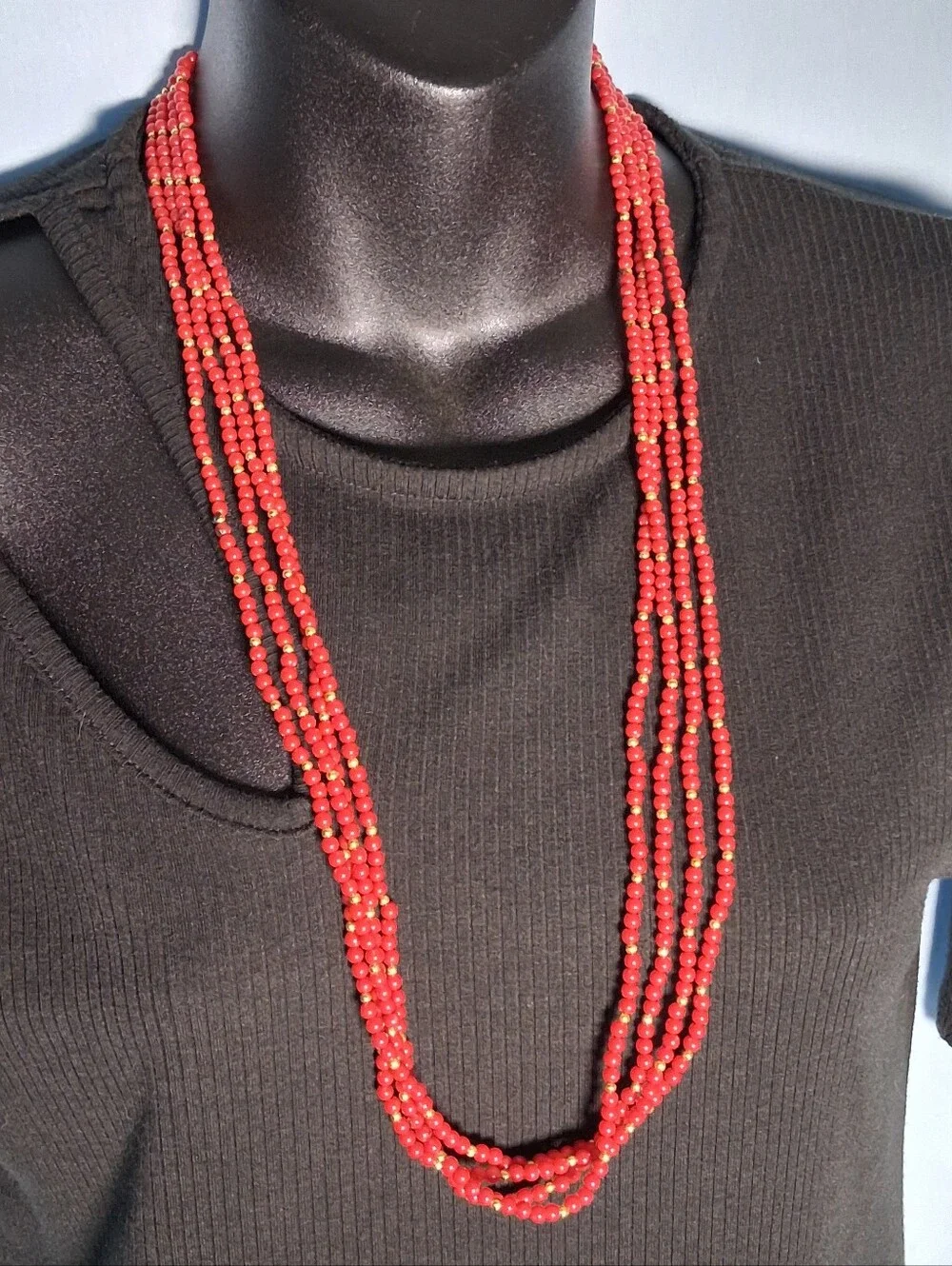 Marvella Red Multi-Strand Seed Bead Necklace Gold Tone Clasp Retro 70s Boho Red